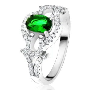 Prsten s ovalnim zelenim kamenom, prozirni krug, suze, izrađen od srebra 925 - Veličina: 50