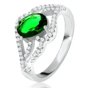 Prsten s ovalnim zelenim kamenom, valoviti cirkonski krakovi, srebro 925 - Veličina: 59