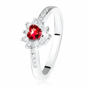 Prsten sa simetričnim cirkonskim srcem, crveni umjetni dijamant, 925 srebro - Veličina: 50