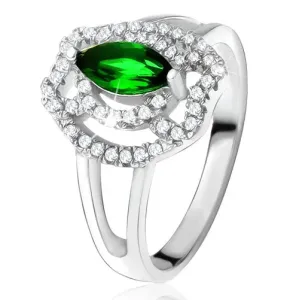 Prsten sa zelenim umjetnim kamenom u obliku zrna, cirkonski lukovi, srebro 925 - Veličina: 49