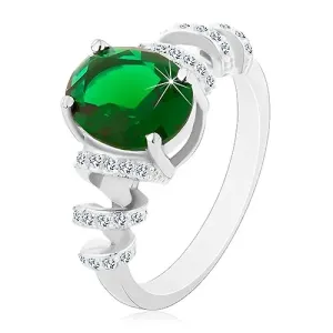 Rodirani zaručnički prsten, srebro 925, zeleni ovalni cirkon, svjetlucava spirala - Veličina: 49