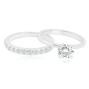 Set srebrnih prstenova - vjenčani prsten sa svjetlucavom polovicom, prsten sa cirkonom - Veličina: 54