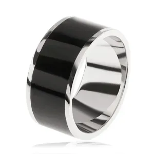 Sjajni prsten od srebra 925, crna ukrasna pruga u sredini - Veličina: 54