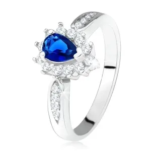 Sjajni prsten - srebro 925, tamno plavi cirkon - suza, prozirni kamenčići - Veličina: 50