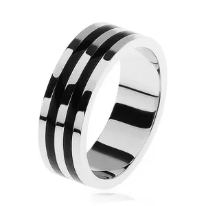 Sjajni vjenčani prsten od srebra 925, dvije crne pruge - Veličina: 54