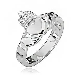 Srebrni 925 prsten - srce, ruke, kruna, prorezi na stranama - Veličina: 50