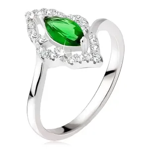 Srebrni prsten - eliptični kamen zelene boje, linija s cirkonima - Veličina: 61