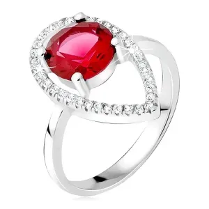Srebrni prsten - okrugli crveni kamen, oblik suze s utisnutim cirkonima - Veličina: 53