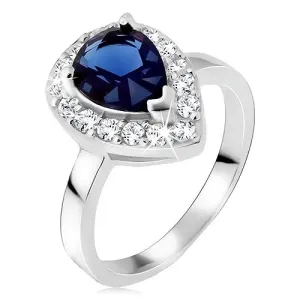 Srebrni prsten, plavi kamen u obliku suze obrubljen cirkonima - Veličina: 47