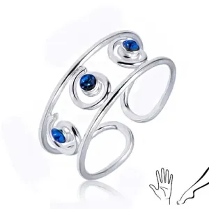 Srebrni prsten za nogu ili ruku, tri plava cirkona u spiralama
