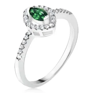 Srebrni prsten - zeleni kamen eliptičnog oblika, kontura od cirkona - Veličina: 59
