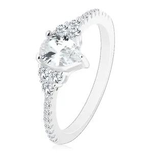 Srebro 925 - zaručnički prsten, rebrasto urezani rubovi sa cirkonima, svjetlucava prozirna suza - Veličina: 50
