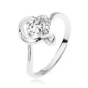 Zaručnički prsten izrađen od 925 srebra, okrugli prozirni cirkon u valovitoj srcolikoj konturi - Veličina: 49