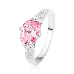 Zaručnički prsten izrađen od 925 srebra, ovalni ružičasti cirkon, mali prozirni cirkoni - Veličina: 52