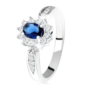 Zaručnički prsten od srebra 925, tamno plavi ovalni cirkon, prozirni rub - Veličina: 52
