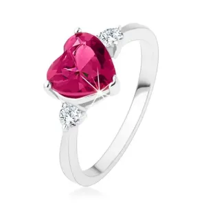 Zaručnički prsten - tamno ružičasti srcoliki cirkon, dva prozirna cirkona, 925 srebro - Veličina: 56