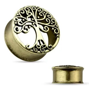 Čelični čepić za uho zlatne boje, urezana krošnja, crna patina - Širina: 22 mm