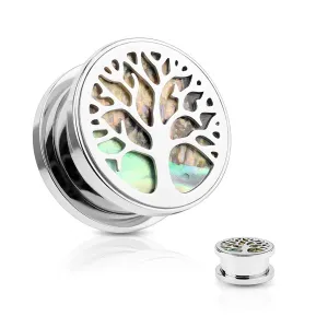 Čelični tunel za uho, drvo života, krug školjke Abalone, srebrne boje - Širina: 12 mm