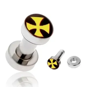Tunel čepić za uho od nehrđajućeg čelika, žuti malteški križ, razne veličine - Širina piercinga: 3 mm