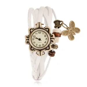 Analogni sat, dekorativno oblikovan, bijeli pleteni remečić, perlice