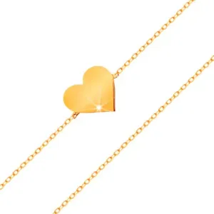 Narukvica izrađena od 14K zlata - sjajan uski lančić, privjesak - plosnato srce