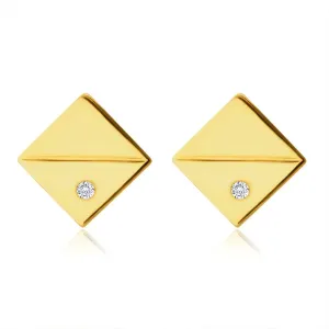 14K dijamantne naušnice od žutog zlata - kvadrati s dijagonalnim urezom, brilijanti