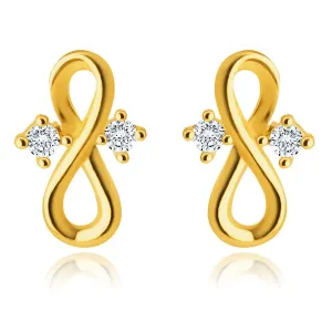 14K dijamantne naušnice od žutog zlata - simbol beskonačnosti, prozirni brilijanti