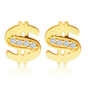 14K dijamantne naušnice od žutog zlata - znak dolara ukrašen sitnim bistrim brilijantima