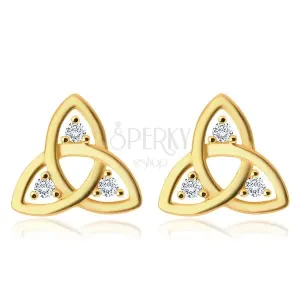 14K zlatne dijamantne naušnice - simbol Triquetra, prozirni brilijanti
