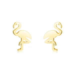 14K zlatne dugme naušnice - flamingo na jednoj nozi, glatke površine