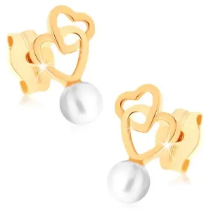 375 zlatne naušnice - dvije povezane siluete srca, okrugli bijeli biser