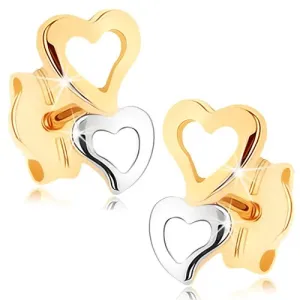 375 zlatne naušnice - dvije siluete u obliku srca u dvobojnoj verziji