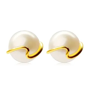 375 Zlatne naušnice - kultivirana bijela perla, tanka valovita linea, klin