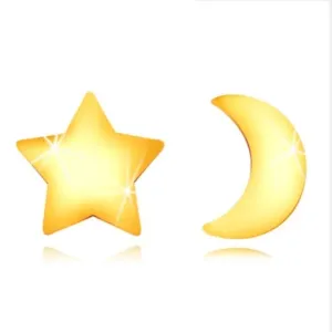 585 zlatne naušnice - kontura sjajnog mjeseca i simetrične zvijezde, dugmad