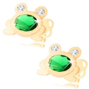 585 zlatne naušnice - mala svjetlucava žaba sa zelenim ovalnim i prozirnim očima