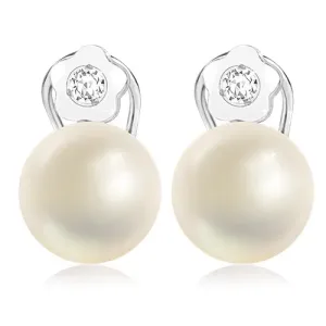9K Bijelo zlato - naušnice - kultivirana perla, cvijet sa cirkonom, omega klip