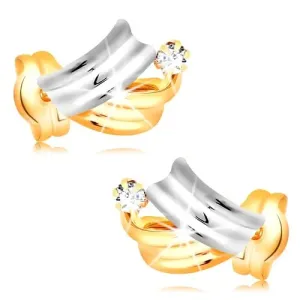 Brilijantne 14K zlatne naušnice - sjajni dvobojni lukovi, prozirni okrugli dijamant