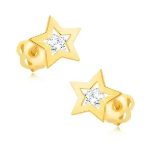 Brilijantne naušnice od žutog 14K zlata - silueta zvijezde, prozirni dijamant