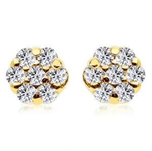 Dijamantne naušnice napravljene od 14K žutog zlata - mali cvijet, okrugli prozirni dijamanti, klinovi