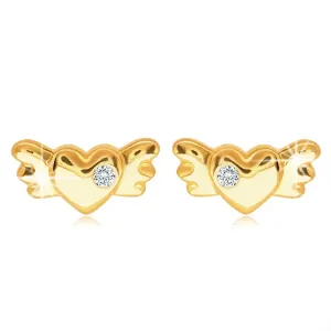 Dijamantne naušnice od 14K žutog zlata - srce s krilima i prozirni briljant
