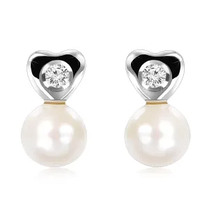 Dijamantne naušnice od bijelog 9K zlata - malo srce, prozirni dijamant, glatka perlai