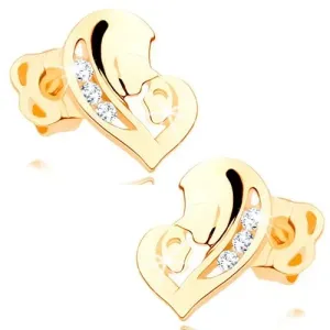 Dijamantne naušnice od žutog 14 karatnog zlata - srce koje se sastoji od dva lica, prozirni brilijanti