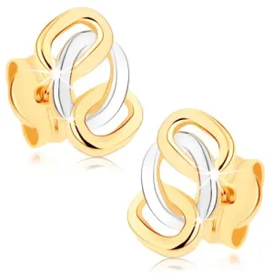 Dvobojne naušnice od 9 karatnog zlata - sjajni isprepleteni prsteni, dugmad