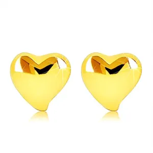 Naušnice izrađene od žutog 9 karatnog zlata - ravno zrcalno sjajno asimetrično srce