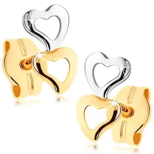 Naušnice od 375 zlata - dvije siluete srca, dvobojna verzija