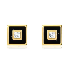 Naušnice od zlata 375 - kvadrat ukrašen crnom glazurom, prozirni cirkon