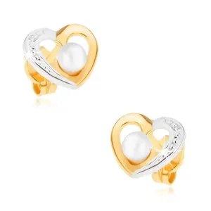 Rodirane naušnice od zlata 375 - dvobojna silueta srca, bijela perlica