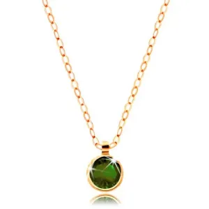 585 Zlatna ogrlica - okrugli maslinasto-zeleni cirkon, sjajni lančić izrađen od ovalnih karika