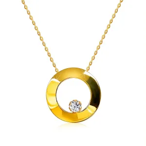 Ogrlica napravljena od žutog 14K zlata - sjajni krug sa briljantom, lančić napravljen od ovalnih karika
