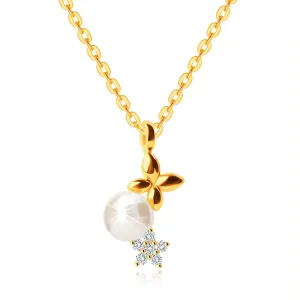 Ogrlica od 9K zlata - sjajni lančić u žutom zlato, perla u boji perle, leptir, cvijet cirkona